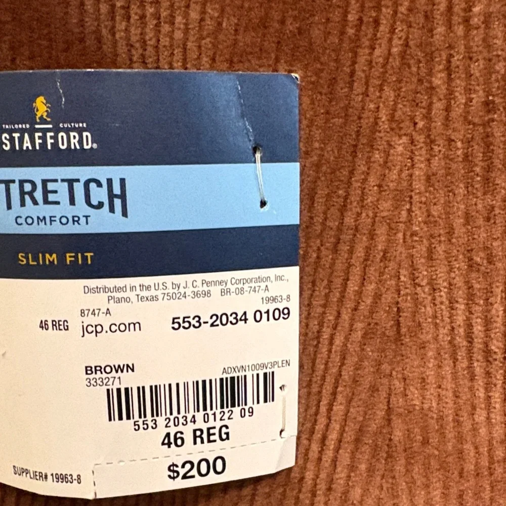 Stafford Chocolate Brown Stretch Comfort Slim Fit Corduroy Sport Coat 46 Reg BN